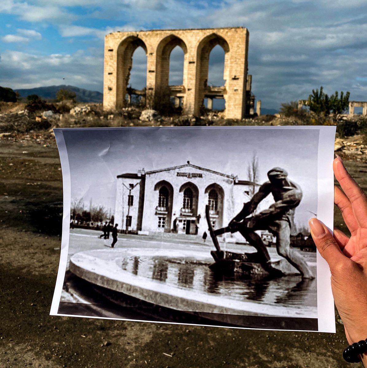 VugarSadig's tweet photo. @SabineFreizer #Agdam drama theatre 🎭 before and after #ArmenianVandalism #stopartsakhilation https://t.co/wIsLUUXN3e