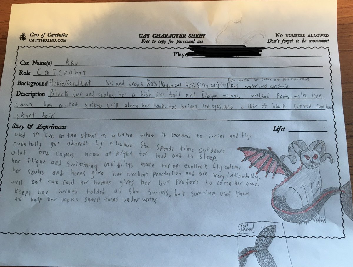 Hammy_Rae's tweet photo. When one of my patrons designs a dragon-siren cat for my one-shot of Cats of Catthulhu at the library, who am I to say no to that kind of ingenuity? #catsofcatthulhu #firsttimeGM #teenlibrarian #ilovemyjob https://t.co/DNWqIwlfud