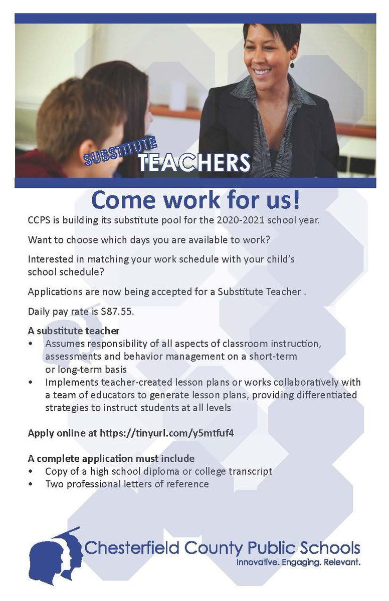 oneccps's tweet photo. We're hiring!
Want to choose which days you are available to work? Interested in matching your work schedule with your child’s school schedule? If you answered "yes," apply to join Team Chesterfield as a substitute teacher! Learn more &amp; apply at https://t.co/4NLrkqC4yQ.
#oneCCPS https://t.co/d1WOpfd59O
