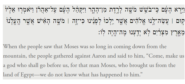 a) Grievances with the establishmentThe Torah is famously laconic about characters' motives. Here though, the people describe their motives. As usually interpreted, it seems they're saying they feel leaderless with Moses missing. But pay attention to their words *in Hebrew*
