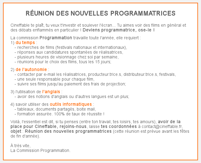 Cineffable's tweet photo. #Cineffable recrute comme chaque année des programmatrices bénévoles. Quelques conseils ici. https://t.co/6rzkor5gsZ