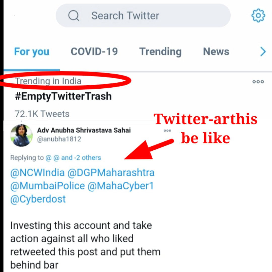 Jee_Adv1's tweet photo. @anubha1812 
@advocate_alakh 
@11Petitioners 

What is your opinion on this hastag trending on Twitter? 
#EmptyTwitterTrash 
I think it's very insulting to Twitter-arthis/twitter thrashes like you? 

@anubha1812 why don't you tag mumbai police against those who are trending it?😂 https://t.co/2HMznCJe0k