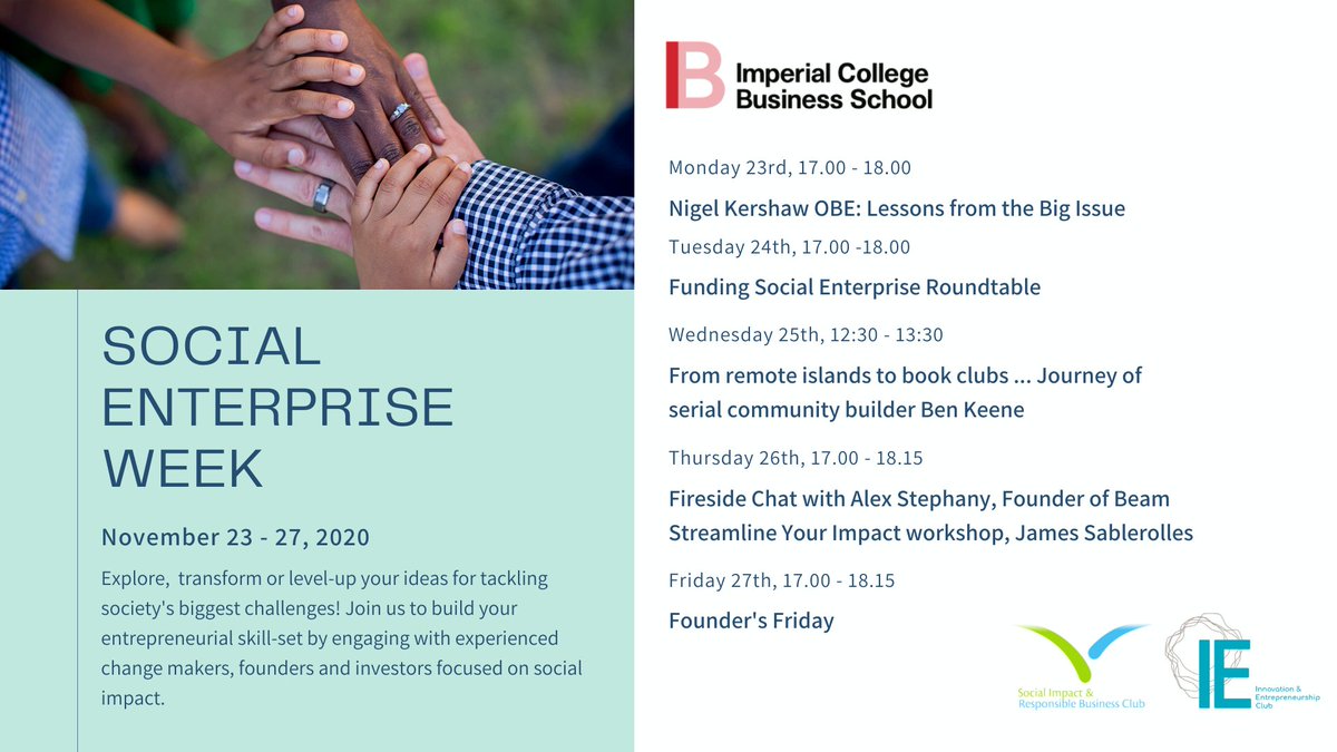 sirb_imperial's tweet photo. 🙌 #SocialEnterpriseWeek kicks off tomorrow [Nov 23-27]

We will be hosting events every day throughout the week in collaboration with @IBiande at @ImperialBiz 

It's not too late to register!👇https://t.co/5tvlQ5ci8Z

#imperialmeansbusiness #imperialmeansimpact #socialimpact https://t.co/PAvOl7RBy4