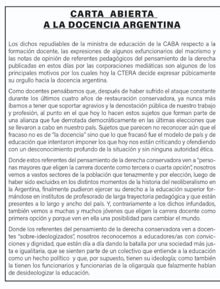 mlautorre's tweet photo. 👆"CARTA ABIERTA A LA DOCENCIA ARGENTINA."
Solicitada de @cteracta en respuesta a los agravios de Soledad Acuña, publicada hoy, domingo 22 de noviembre, en @pagina12, @tiempoarg y @elcoheteluna https://t.co/z74MLpQqcV