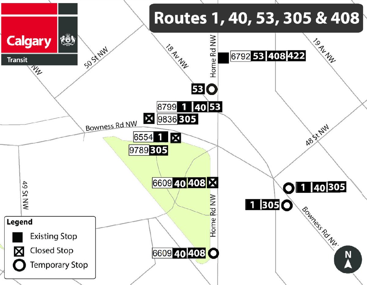 calgarytransit's tweet photo. #CTRiders #Route1 #Route40 #Route53 #Route305 #Route408 will have stop closures Mon, Nov 23 at 8:30AM until Fri, Dec 11 3:30PM, Bowness Rd NW/Home Rd NW (Stops: 6554 & 9789 8799 & 9836 6609) https://t.co/Tj0Upb77Ko