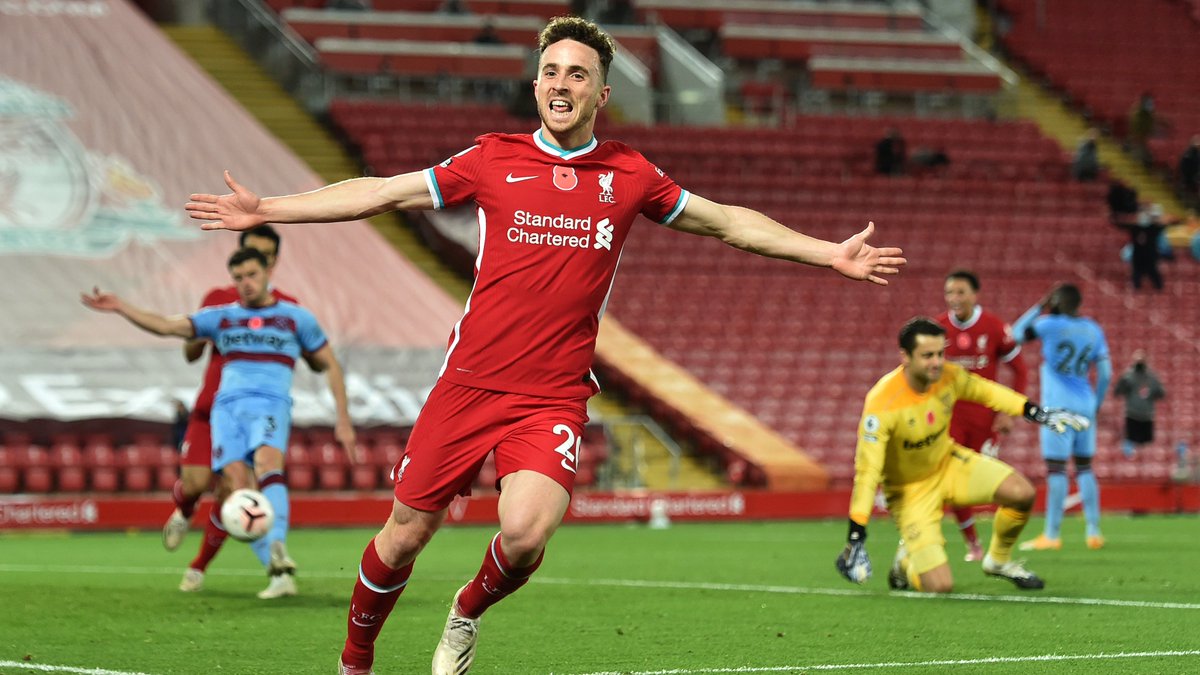 LFC's tweet image. Diogo Jota is the first player in our history to score in each of his first 4 home top-flight appearances 🤩⚽️
