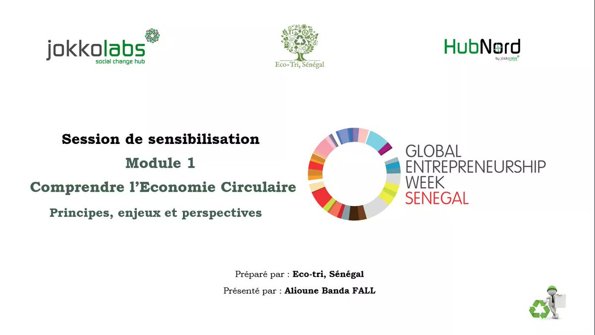 EcoSenegal's tweet photo. Dans le cadre de la semaine mondiale de l'entrepreneuriat, nous avons animé une session de sensibilisation sur l'éconmie circualire : #principes, #enjeux et #perspectives.
Merci à notre partanaire #hubnord by @JklDakar.
#ecotri #economieirculaire #GEW2020 #Ndar #kebetu https://t.co/SQORlDSs9W