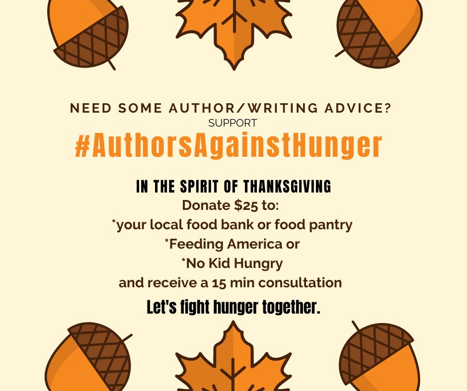 AngelaAckerman's tweet photo. Want to donate to a worthy charity & have 15 minutes with someone (Like me!) who can shed insight into writing, publishing, or marketing? Check this out!
#AuthorsAgainstHunger Authors Help Fight Food Insecurity https://t.co/qqO1ueM434 #writing #writingcommunity @EvaNatiello https://t.co/BiBEVnOv8H