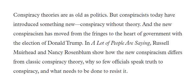 So what are they saying? Well, it seems they're insinuating corruption or bad faith. Moses "has" something. What they don't know, but it must be *something* Rosenblum & Muirhead call this "conspiracy without the theory" (Not as new as they think...) https://press.prineton.edu/books/hardcover/9780691188836/a-lot-of-people-are-saying