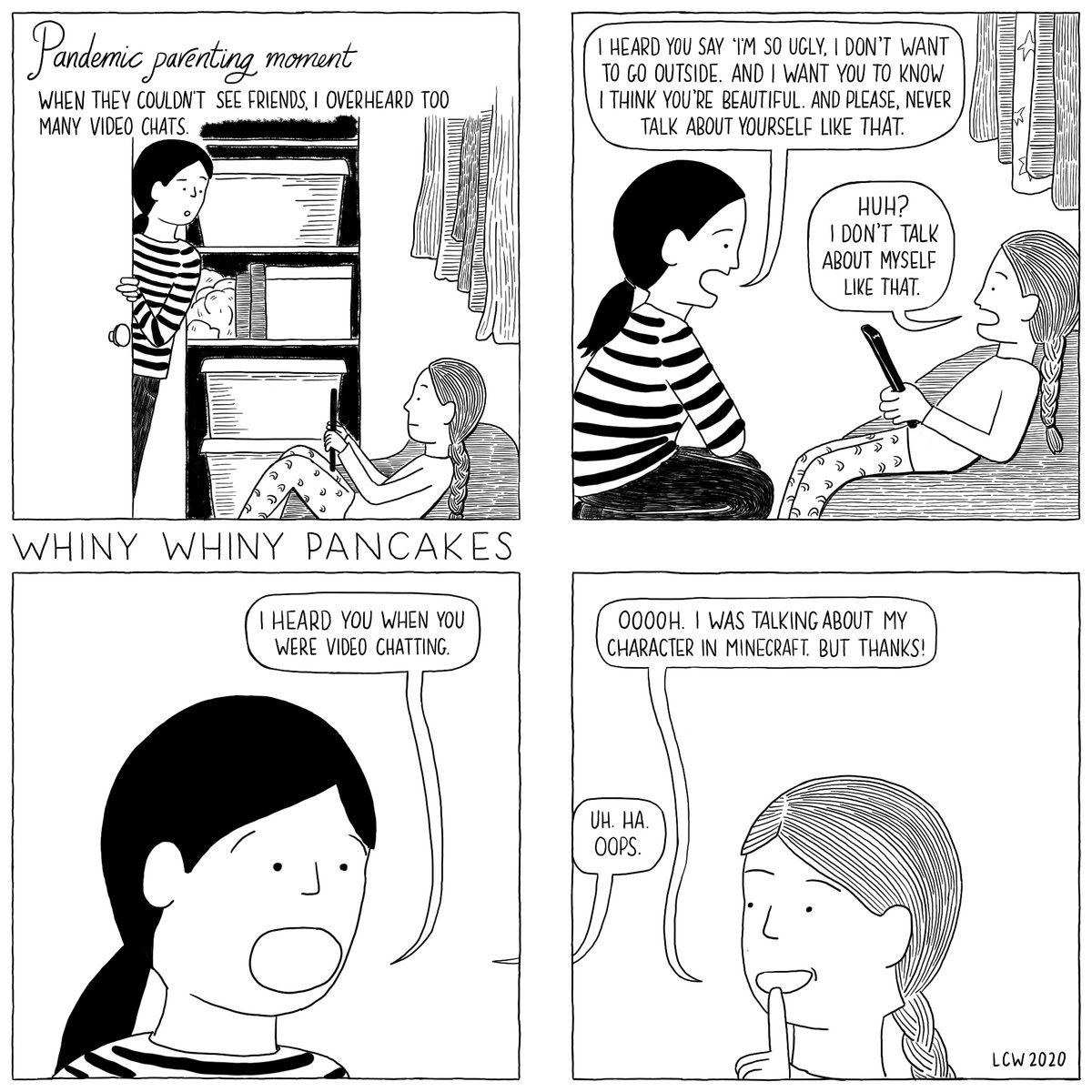 I don’t want to eavesdrop on video chats but sometimes I can’t help it. We live in a small apartment.

#whinywhinypancakes #webcomic #webcomics #overheard #pandemicparenting