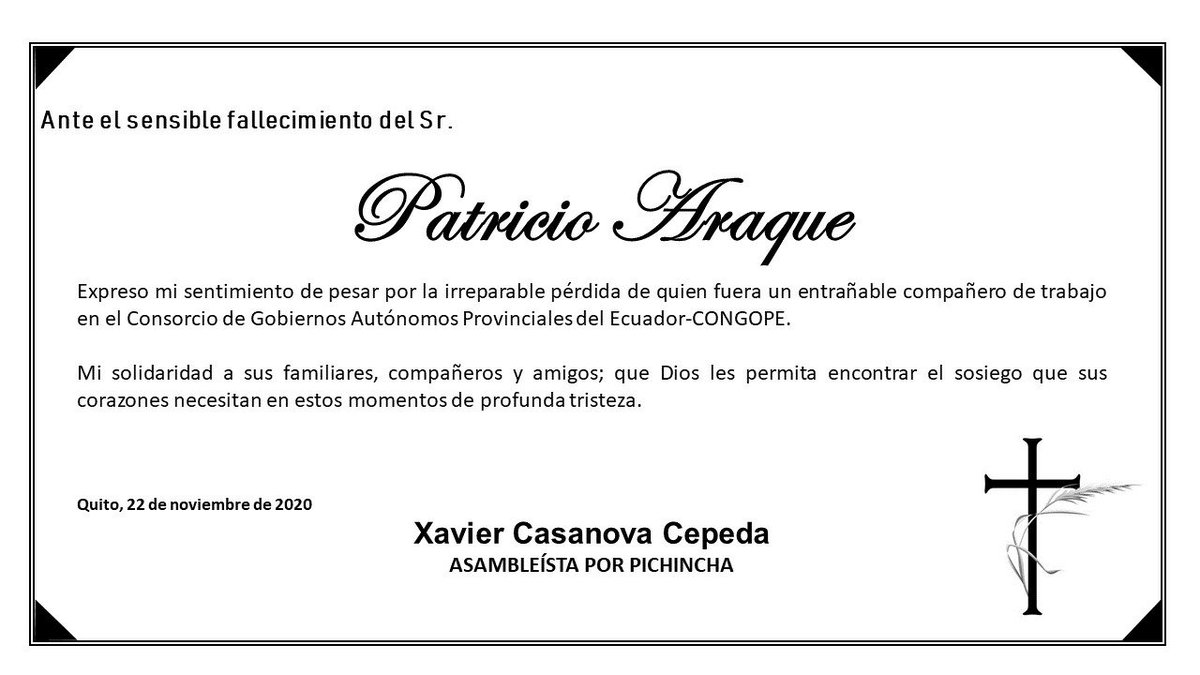xicasanovac's tweet photo. Quiero expresar, mi profundo sentimiento de dolor por la pérdida irreparable de una gran amigo y compañero de trabajo en @CongopeEcuador
Mi querido Patito, te guardaremos en la memoria con esa sonrisa franca y el abrazo fraterno de siempre. https://t.co/2rKaO4lJq5