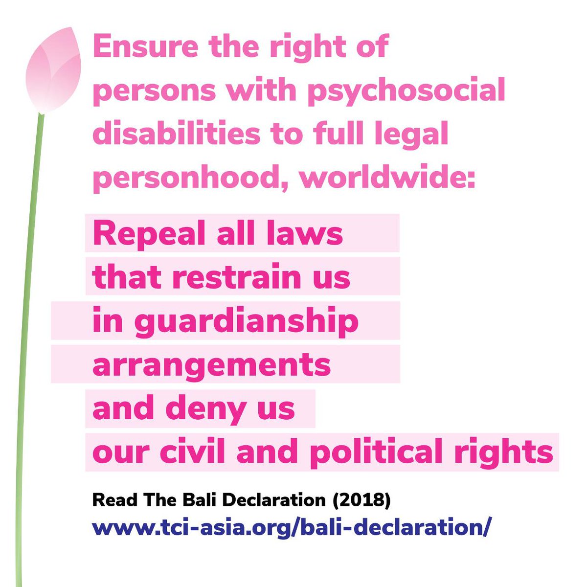 TCI_Global's tweet photo. Ensure the right of persons with psycho-social disabilities to full legal personhood, worldwide. Repeal all laws that restrain us in guardianship arrangements and deny us our civil and political rights. #legalpersonhood #rights #advocacy #mentalhealth #psychosocialdisability https://t.co/EaoNvbBIzM