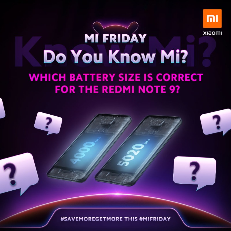 XiaomiUK's tweet photo. It's quiz time 😄 - do you #KnowMi? 

Question 1: #RedmiNote9 has a _________ battery. 🔋

Stay tuned as we reveal the answer tomorrow! Save up to £70 on the device this #MiFriday: https://t.co/igKnY8aNsz

#SaveMoreGetMore #TheLegendContinues https://t.co/almP16ULas
