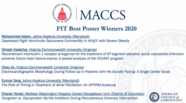 DrJMarine's tweet photo. Congratulations to our #ACCFIT original research awardees at #MACCS20! See their work at https://t.co/qHYjY9uMnC. @ACCMaryland @hopkinsheart @VCUHealth @KennethEllenbo1 @ToddVillinesMD @ACCVirginia https://t.co/iKjvTwm0hL