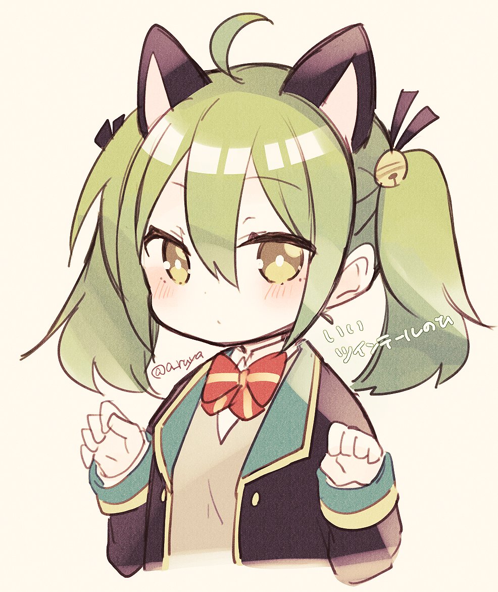 1girl green hair solo bell animal ears twintails cat ears  illustration images