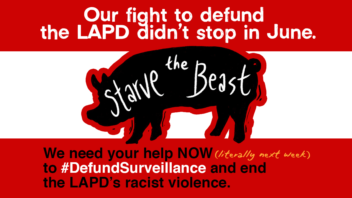 OUR FIGHT TO DEFUND LAPD DIDN'T STOP IN JUNE. LAPD will be proposing their 2021-22 budget at the 11/24 LA Police Commission meeting. Email/make public comment & demand the Police Commission  #DefundSurveillance & NOT approve LAPD’s budget! What can you put in public comment? ->