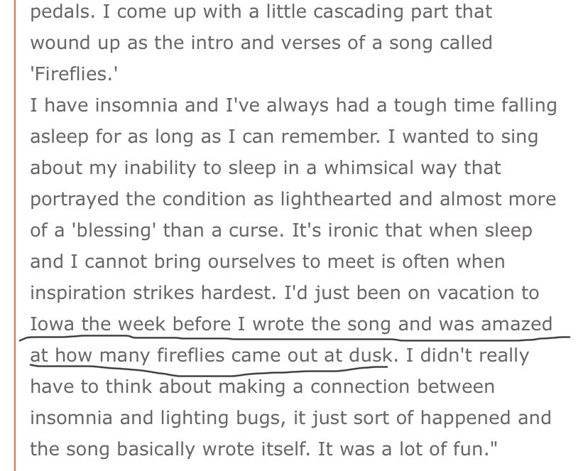 WAIT A SECOND EVERYONE HOLD UP HOLD UP 

FIREFLIES FROM OWL CITY WAS WRITTEN ABOUT IOWA