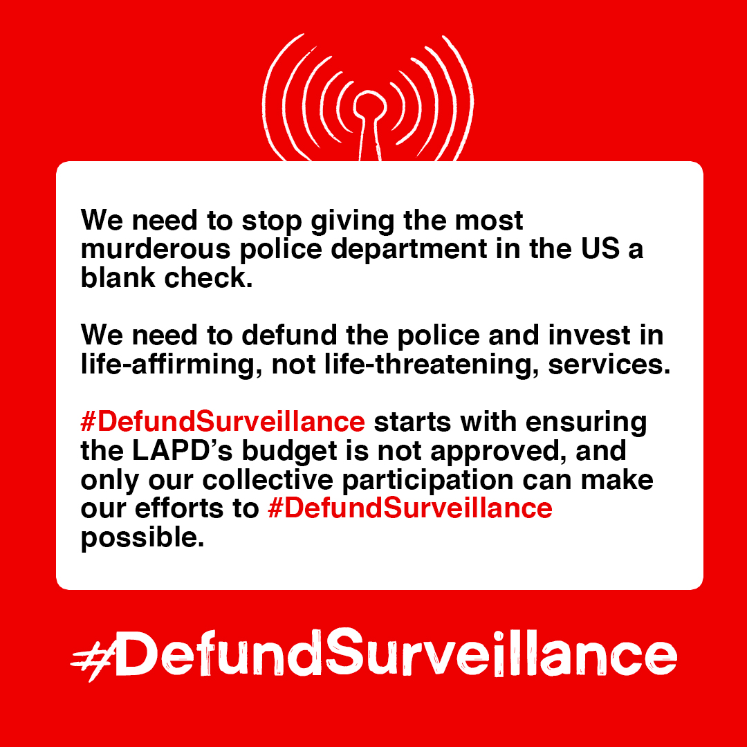 We need to stop giving the most murderous police department in the US a blank check. We need to defund the police and invest in life-affirming, not life-threatening, services! #DefundSurveillance