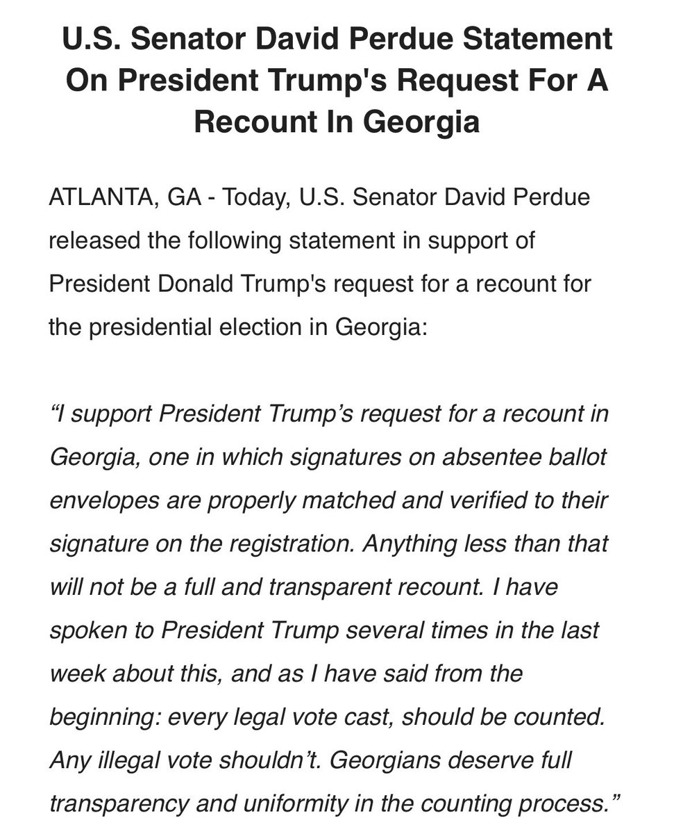 Echoing Trump,  @sendavidperdue is asking for the impossible - a recount “in which signatures on absentee ballot envelopes are properly matched and verified to their signature on the registration.”  #gapol