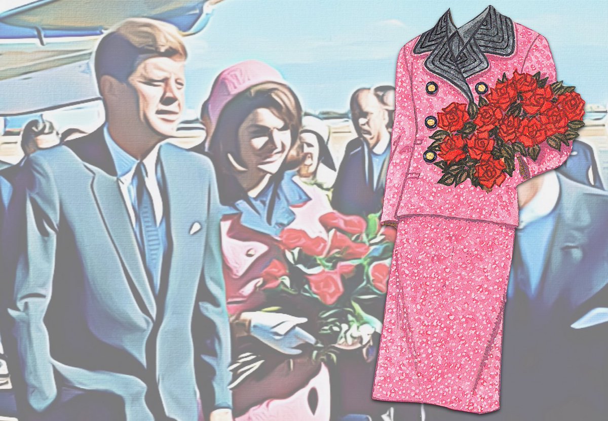 Mrs. Kennedy’s strawberry pink wool suit was designed by Coco Chanel and assembled by the Park Avenue salon, Chez Ninon