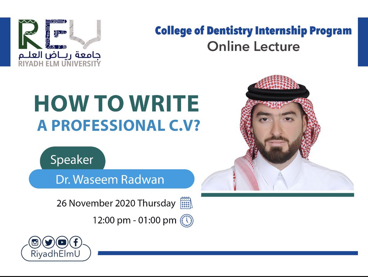 LafiGhada's tweet photo. دعوه لأطباء وطبيبات الامتياز بجامعه رياض العلم لحضور محاضره اونلاين بعنوان How to write a professional C.V 
يلقيها عليكم سعاده الدكتور وسيم رضوان
بالتوفيق https://t.co/sfZTQjucWY