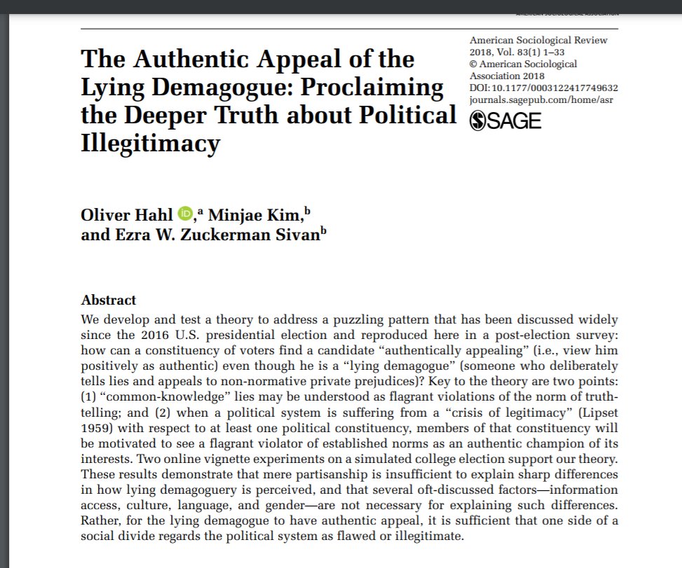What's going on??What we have here is a very particular kind of lie. In our ( @ohahl &  @minjaekim22 ) research on how "lying demagogues" (like Trump) can be perceived as "authentic champions" for voters, we distinguish between "special-access" lies & "common knowledge" lies.