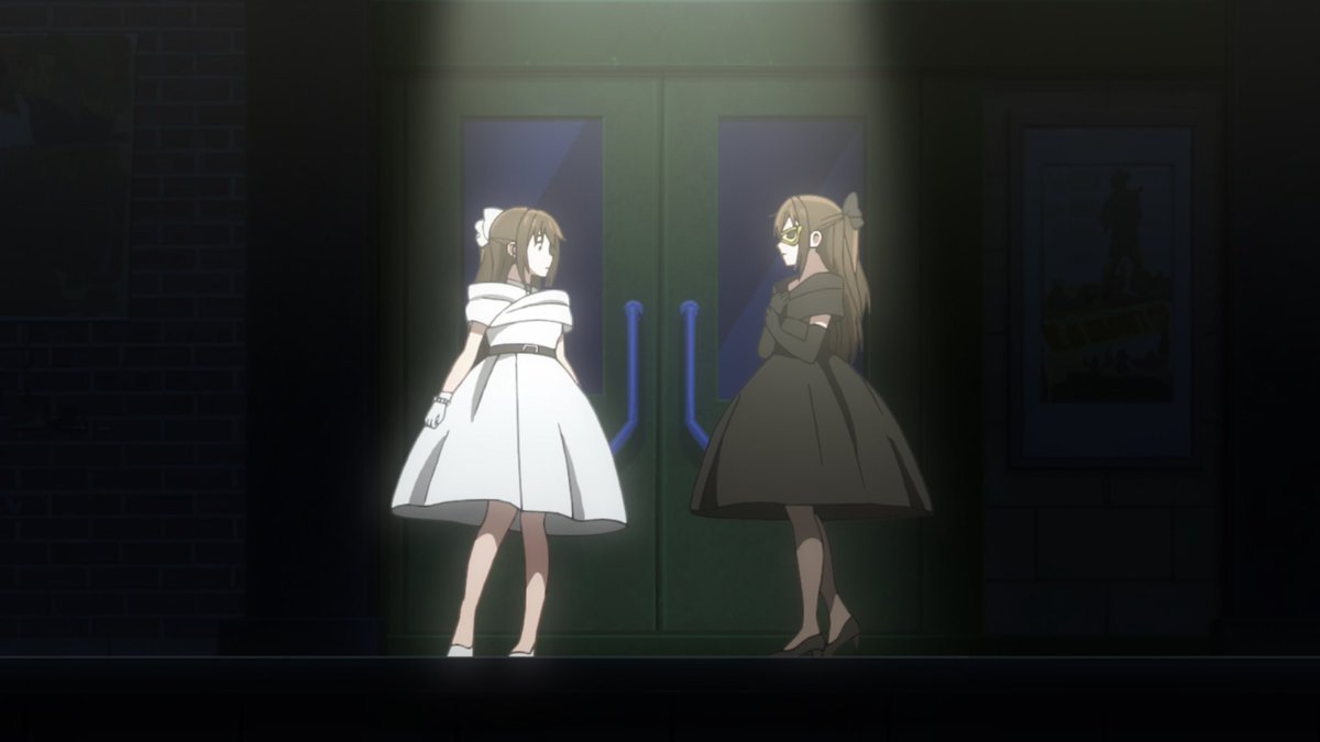 We then get a scene where Black Shizuku(?) meets White Shizuku for the last time, presumably in the play, and Black is now pleading when White attempts to walk away, that even if White is to be scared to show her true self, she still wants to sing.