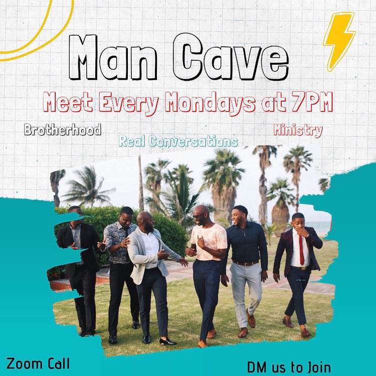 UNTdedicatedmen's tweet photo. In light of COVID, we have being compliant with social distancing, but it doesn’t negate the fact that brothers need each other. Which is why we have MANCAVE. 

A place where you can talk about your mental health, addictions, life, goals etc.

DM us to join EVERY Monday via zoom! https://t.co/o2eYh00oyH