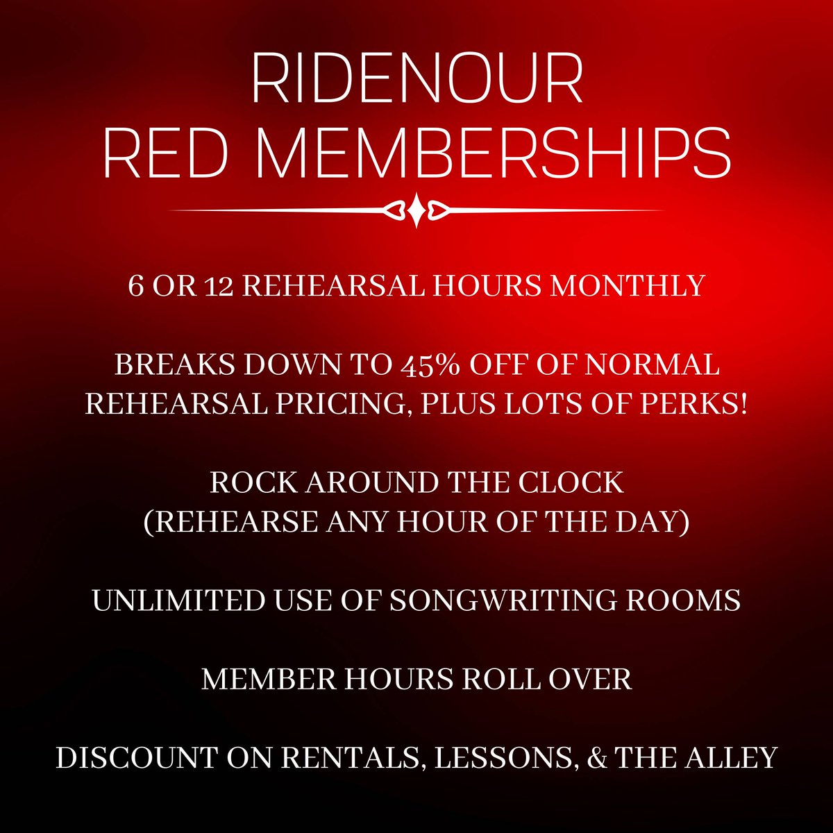 On BLACK FRIDAY we will be re-launching our Red Memberships! Here are some of the amazing perks of becoming a Ridenour Red Member 🎸

Make sure to give us a call or swing by on Black Friday to claim the deal while it lasts🤘