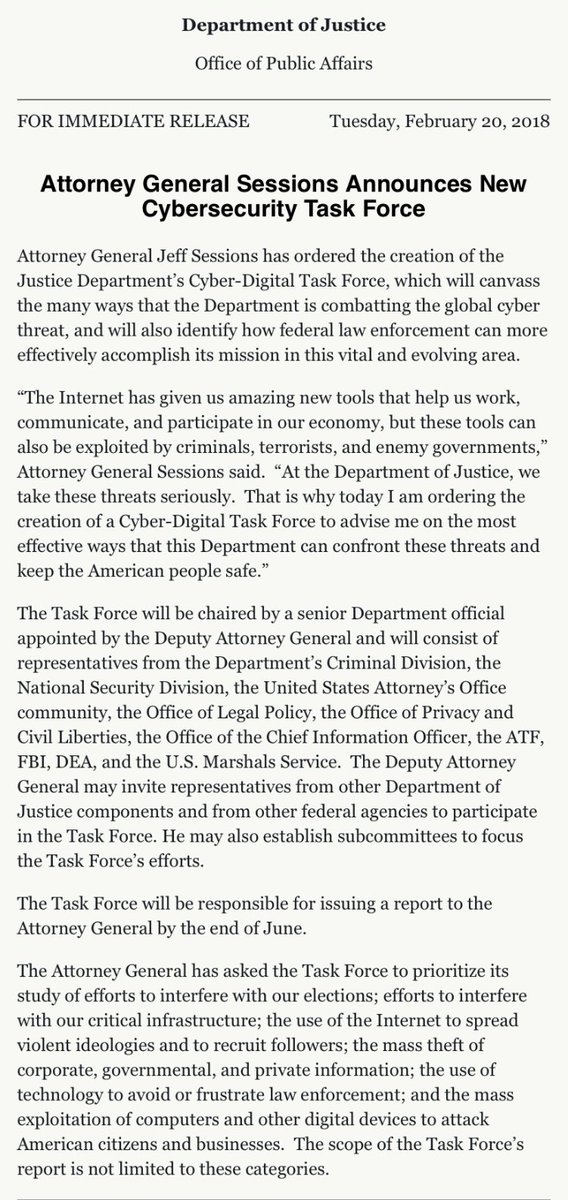 The  #CyberDigitalTaskForce was created by  @jeffsessions.“The Attorney General has asked the Task Force to prioritize its study of efforts to interfere with our elections;....”(They were watching all of the election fraud in real-time) https://www.justice.gov/opa/pr/attorney-general-sessions-announces-new-cybersecurity-task-force