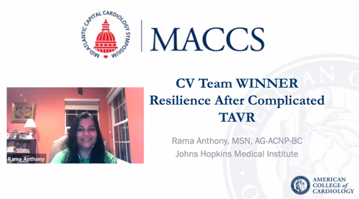 DrJMarine's tweet photo. Congratulations to #MACCS20 #CVTeam case presentation award winners Rama Anthony and Nailya Muganlinskaya! @jae_patton @AngelaStreet17 @ACCMaryland @DrDebCroyNP @hopkinsheart https://t.co/yz8xUNWQs7
