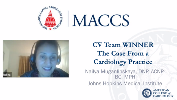 DrJMarine's tweet photo. Congratulations to #MACCS20 #CVTeam case presentation award winners Rama Anthony and Nailya Muganlinskaya! @jae_patton @AngelaStreet17 @ACCMaryland @DrDebCroyNP @hopkinsheart https://t.co/yz8xUNWQs7