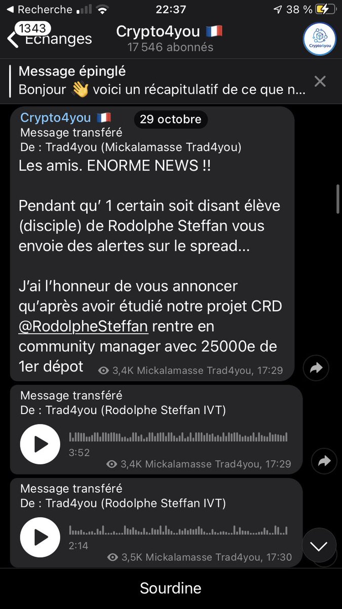 28. Ensuite on continue, en parcourant le Telegram je tombe sur un investisseur assez connu qui a 15k followers sur Twitter qui a un site de trading, qui a posé 25k € dans ce projet et rentre donc en tant que Community manager comme écrit sur le message telegram. Date : 29 oct.