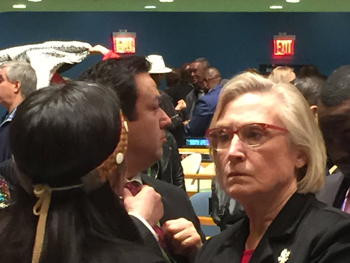RussDiabo's tweet image. In 2016, at UN feds INAC Minister, Carolyn Bennett, announced qualified support 4 UNDRIP via Canadian definition (Nat’l Termination Plan), in 2017 at UN @KanahusFreedom unmasks Bennett &amp;amp; in 2018 Trudeau gov’t announces federal purchase of Kinder Morgan Pipeline ignoring FPIC!