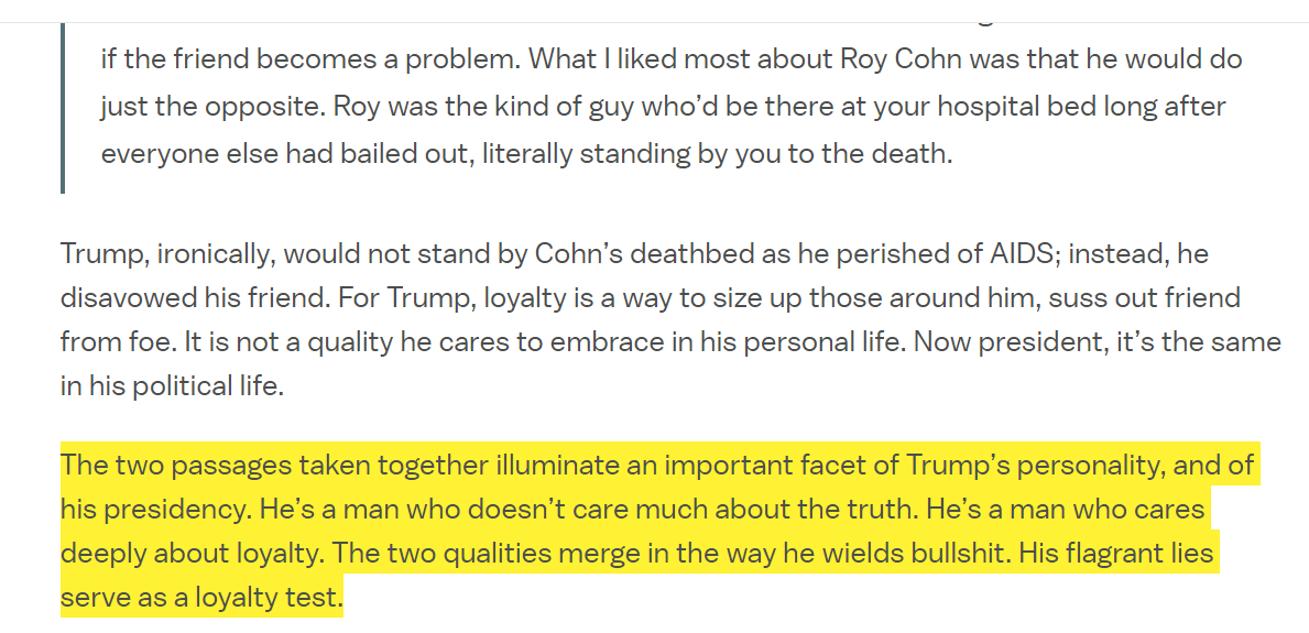 There's also a second advantage in getting people to declare or support obvious lies: it cements loyalty to the cause. @mattyglesias had a great piece on this a few years ago.The idea is well-founded in research on gangs, cults, & the mafia. https://www.vox.com/policy-and-politics/2017/5/30/15631710/trump-bullshit