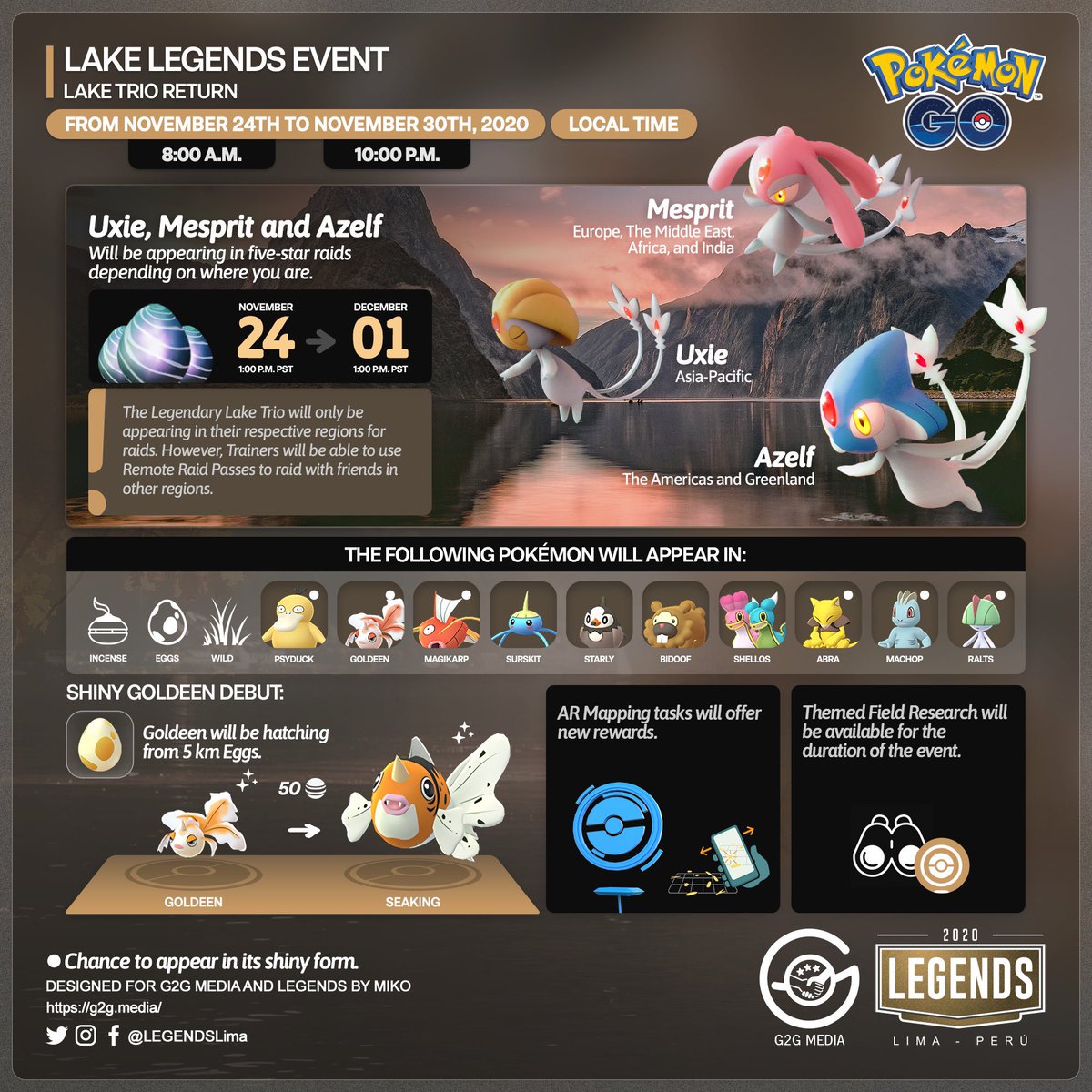 Free_PoGoCoords's tweet photo. 1/3
1.Updated the timing of the Lake #Legends event. The event will run from Nov. 24th, 8AM local time until Nov. 30th, 10PM local time, and #Uxie, #Mespirt, and #Azelf will be in raids from Nov. 24th, 1PM PT until Dec. 1st, 1PM PT. https://t.co/rPlCSbC3mI