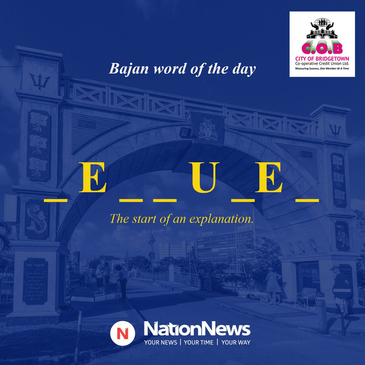NationBarbados's tweet photo. Guess the Bajan word of the day.
Clue: The start of an explanation.

#ThingsBajan
#Barbados
#Nation246
#Independence
#WordOfTheDay
@cobcreditunion https://t.co/sfNkVkPSdc