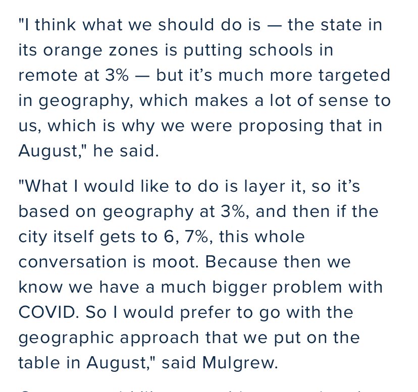 We have different camps still swirling around positivity rate as a single-issue trigger. Even thought there shouldn’t be a single trigger.  https://www.ny1.com/nyc/all-boroughs/education/2020/11/19/carranza-says-city-could-change-threshold-for-shutting-down-schools
