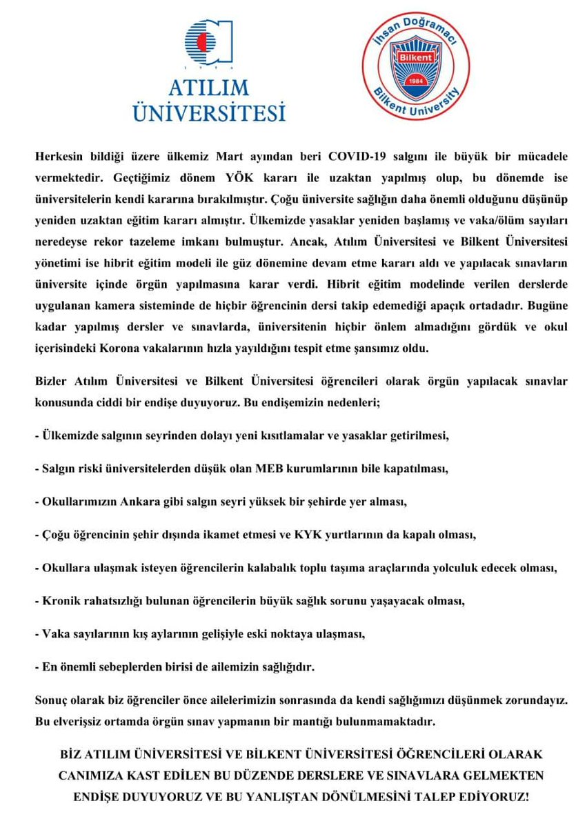 kampushaberagi's tweet photo. | Öğrenciler Yüz Yüze Sınav İstemiyor 

Atılım ve Bilkent Üniversitesi  öğrencileri üniversitelerinin aldığı yüz yüze  sınav kararının bir an önce geri çekilmesini talep ediyor.
#egitimdegilcinayet https://t.co/NSM3zhC7Rz