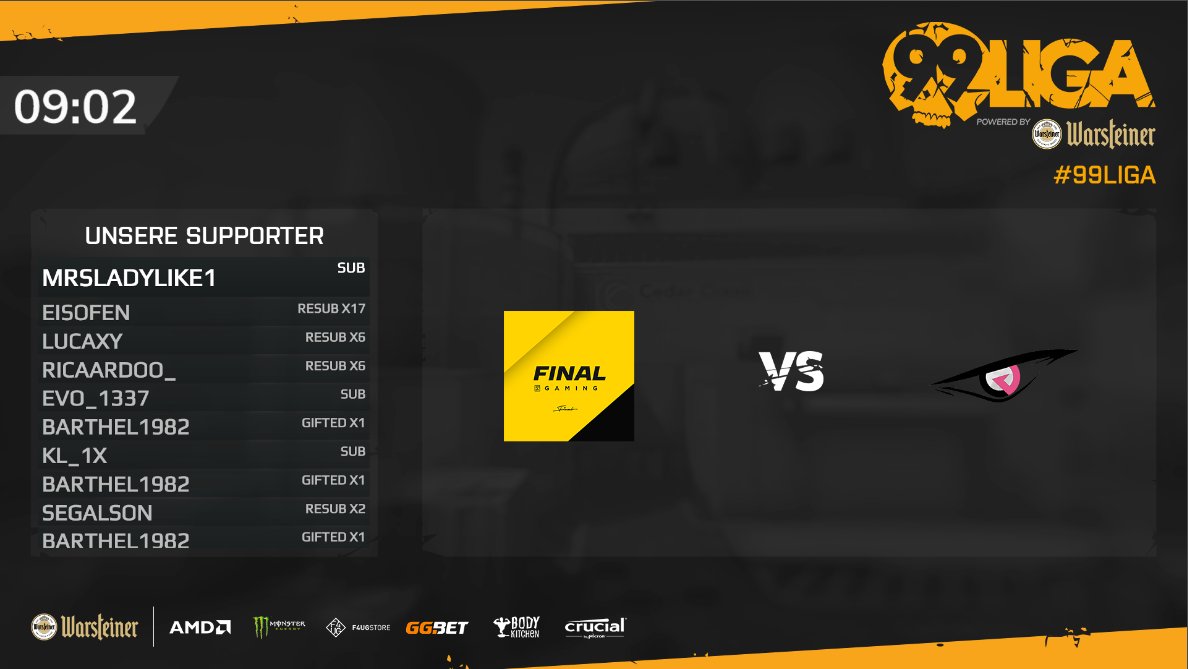 Die Relegation zur Division 1-2 der #99Liga geht heute weiter &amp; wir werden erfahren wer morgen Abend gegen <a href="/no_limit_gg/">No Limit Gaming</a> spielen wird!

🕹️ <a href="/finalgaming_de/">FINAL-GAMING (INAKTIV)</a> vs <a href="/cowanaGaming/">cowana</a> [Bo3]

📺 twitch.tv/99Damage