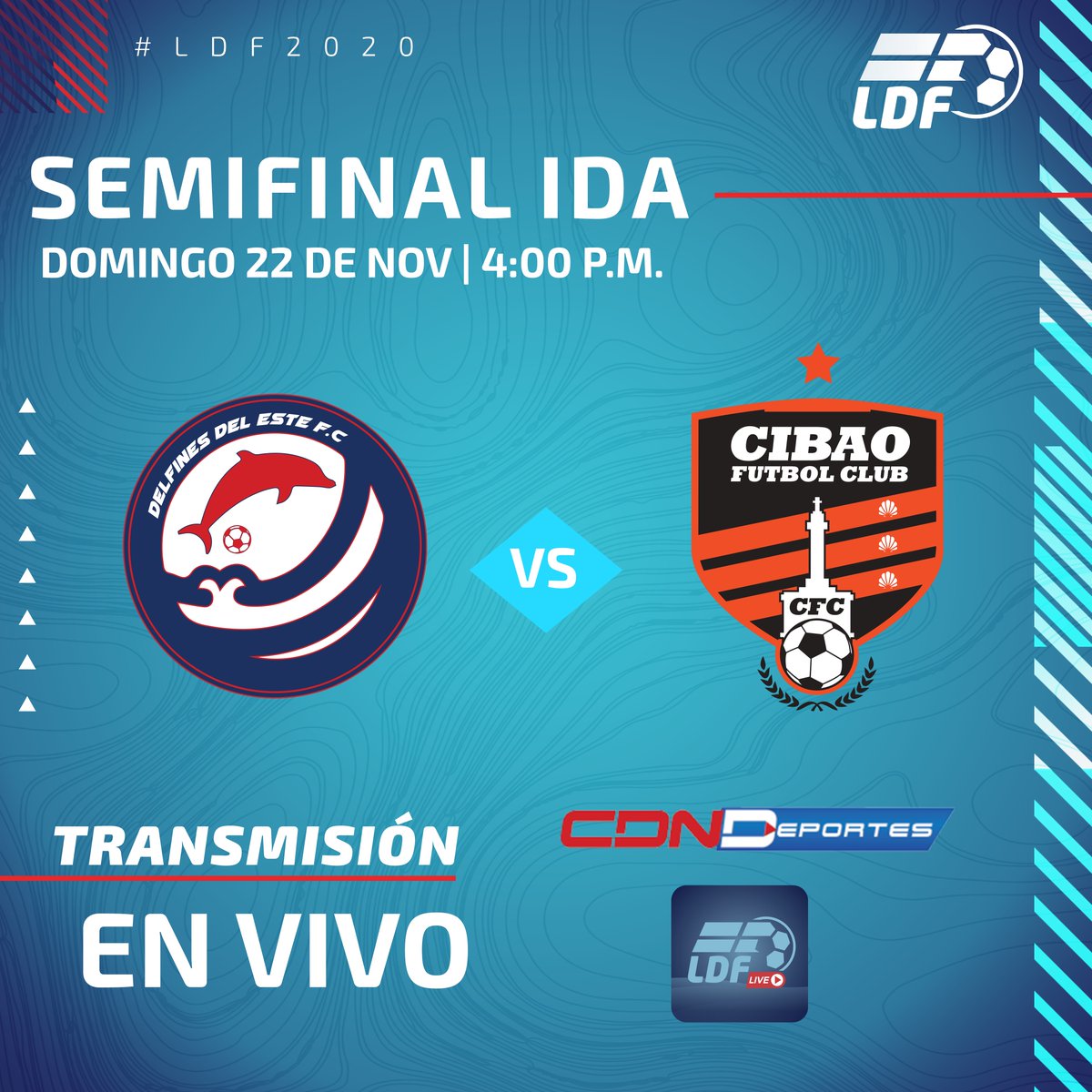 LDFcomdo's tweet photo. Hoy se disputa el segundo partido de ida de la Semifinal #LDF2020 entre Delfines del Este y Cibao FC ¿Quién se llevará la victoria? 
Transmisión en vivo por #CDNDeportes y #LDFLive 🙌🏻 https://t.co/T8dcqbtv3H