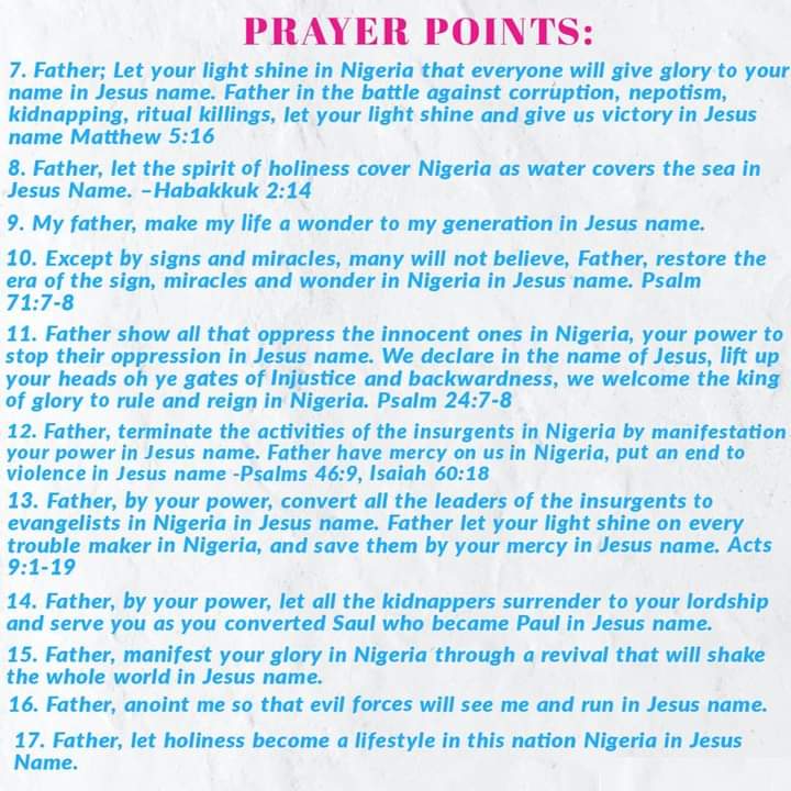 RCCGCityofDavid's tweet photo. PRAYER POINTS for Day 20 of #RCCGFast ππ½
Prayer Focus: MANIFESTATION OF GODβS POWER AND GLORY IN NIGERIA π³π¬
#30DaysFast
#ThankingGodInJesusName
#CODDailyPrayerPoints https://t.co/p00aYGqVkg