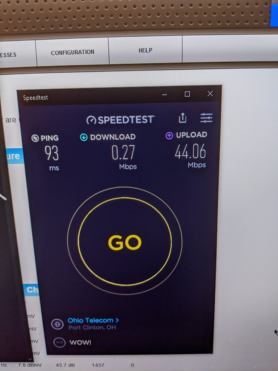 Jake_K1080's tweet photo. @WOW_WAY I've about had it with this BS. Going on two months of connection issues. A new line from the pole to house and a new $170 dollar modem later and its still garbage. Supposed to be 1gig. Time to call Cox. https://t.co/GuQFo83pvK