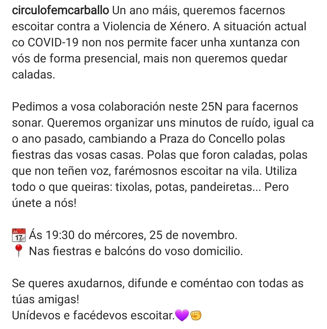 circulofemcarb's tweet photo. Organizamos minutos de ruido polo día contra a Violencia de Xénero, usa tixolas, pandeiretas... o que queiras! #25N 

📆 19:30 do mércores
📍 Fiestras e balcóns do voso domicilio

Para axudarnos, DIFÚNDE⚠️ e coméntao cas túas amigas, unídevos e facédevos escoitar! https://t.co/jZG6xGQUee