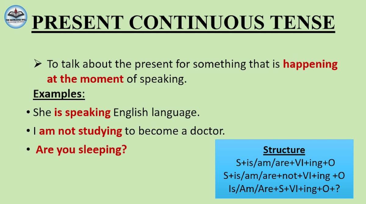 TheKnowledgeSk1's tweet photo. Present Continuous Tense
#english #englishlanguage #LearnEnglish #learningenglish #communicationskills #language #languagestudy #languageskills #education #study #englishteacher #englishonline #improvingEnglish #improveenglishlanguage #Tenses #presenttense #PresentContinuousTense https://t.co/Z7w7yFSXLL