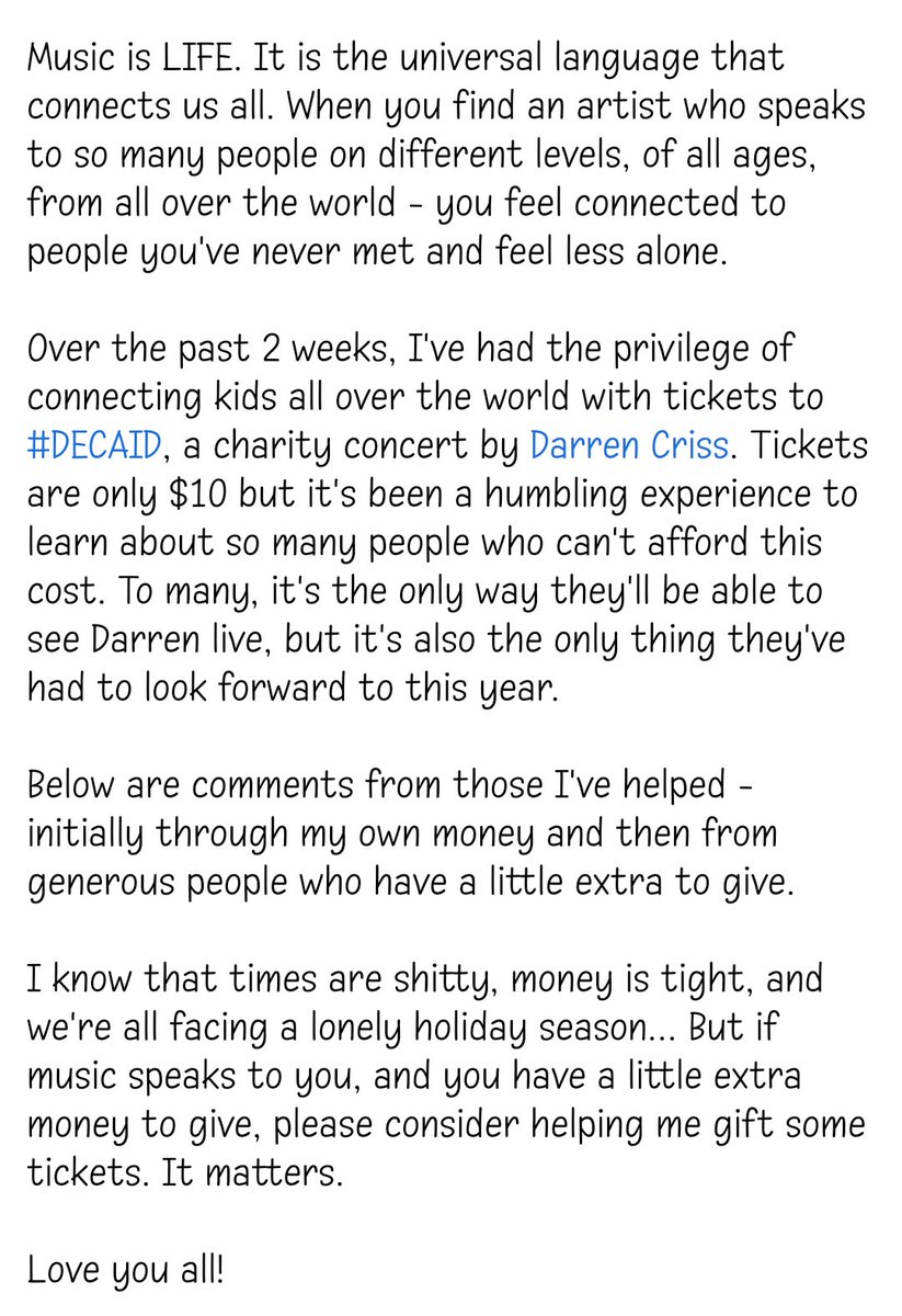 mibovverdtho's tweet image. This week, if music has brought you comfort, connected you w/ strangers you now call friends, or lifted your spirits #givethanks by donating tix for #DECAID. It's music, it's for charity, it's @DarrenCriss WIN WIN! DM for info! @DarrenArmy @BeingAliveCriss