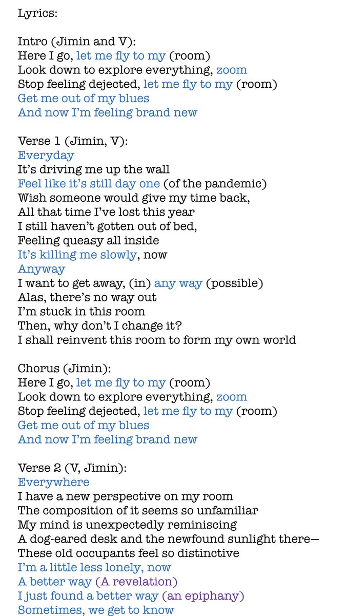 43.2 Fly to My Room  @BTS_twt Lyrics:I have a new perspective on my roomThe composition of it seems so unfamiliarMy mind is unexpectedly reminiscingA dog-eared desk and the newfound sunlight there—These old occupants feel so distinctiveI’m a little less lonely, now