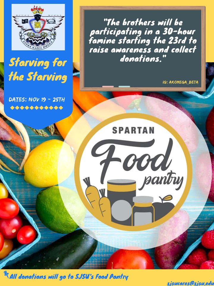 AKOmegaBeta's tweet photo. We will be starting our philanthropy tomorrow! All donations will go towards SJSU’s food pantry https://t.co/xw01paT5dq