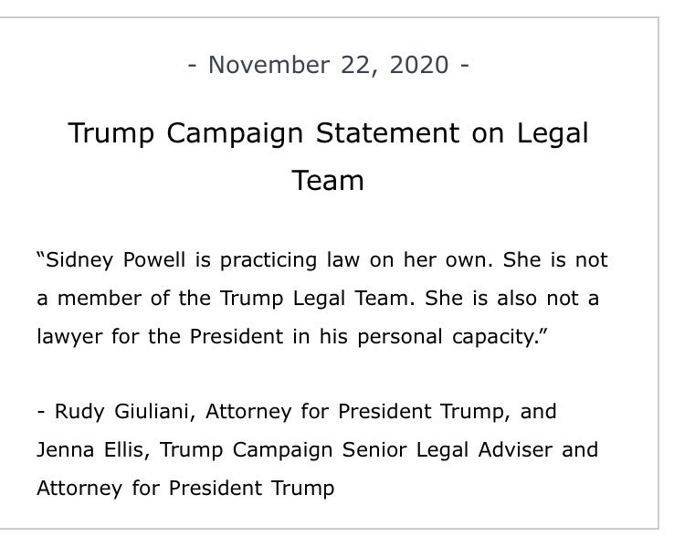Ahora Trump se distancia de Sidney Powel, dice que ya “no hace parte de su equipo legal” y ejerce como independiente.Cabe destacar que las teorías de conspiración de Powel sobre la intervención de Venezuela en las elecciones de EE.UU no han podido ser sustentadas en corte