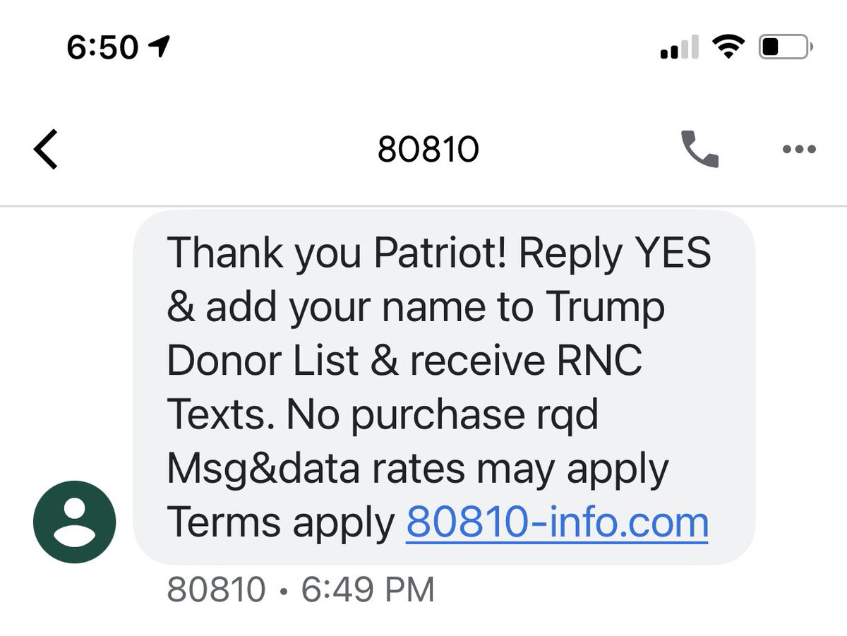 nmclean2005's tweet image. I subscribe to Trump emails and get about a dozen a day. Tonight was a poll asking who I thought one the election. I chose Biden and promptly received this text message 🤣